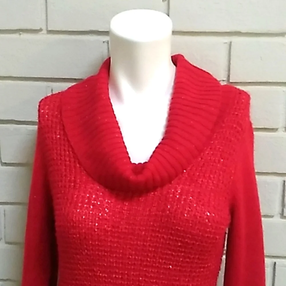 By By Red Sequin & Sparkle Cowl Neck Sweater. Size Medium - Picture 2 of 9
